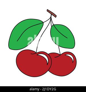 Zwei rote Kirschen in dunkler Umrandung Handzeichnung Clip Art. Paarige Kirschen, zwei grüne Blätter und ein Zweig eines Kirschbaums. Illustration isolieren Stockfoto