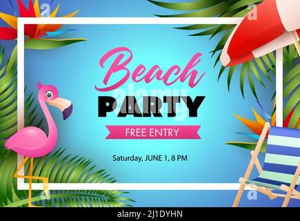 Strand Party Poster Design. Pink Flamingo, Strandstuhl, Sonnenschirm, Palmblätter und Text im Rahmen auf blauem Hintergrund. Vektorgrafik kann für verwendet werden Stock Vektor