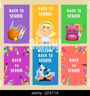 Zurück zur Schule Flyer mit Rucksack, Student Mädchen, Farben, Mikroskop und Laborflaschen. Set von Plakaten mit Schulmaterial und Text. Vektordarstellung Stock Vektor