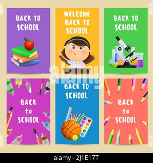 Zurück zur Schule Flyer mit chemischen Kolben, Mikroskop, Schüler Mädchen, Bücher und Farben. Set von Plakaten mit Schulmaterial und Text. Vektorgrafik Stock Vektor
