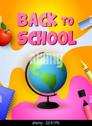 Zurück zur Schule Poster Design. Globus, Apfel, Notizbuch, Lineal, Buntstift auf buntem Hintergrund. Vektorgrafik kann für Banner, Anzeigen, Schilder verwendet werden Stock Vektor