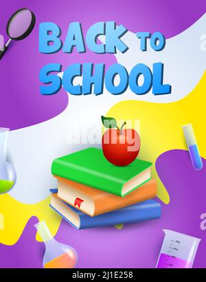 Zurück zur Schule Poster Design. Bücher, Apfel, chemische Becher, Lupe auf buntem Hintergrund. Vektorgrafik kann für Banner, Werbung verwendet werden Stock Vektor
