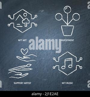 NFT-Art-Symbolsatz für die Tafel. Digital Artists Support, NFT-Marktsymbole. Vektorgrafik. Stock Vektor