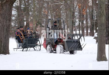 12.02.2021, Deutschland, Sachsen, Graditz - Gestuet Graditz, Auszubildende des Gestuet ließen sich mangels einer von einem Minibagger in einem Schlitten ziehen Stockfoto