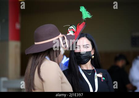 27.03.2021, Vereinigte Arabische Emirate, , Dubai - Frauen mit Hut mit Mund-Nase-Schutz. 00S210327D217CAROEX.JPG [MODELLVERSION: NEIN, EIGENTUMSFREIGABE Stockfoto