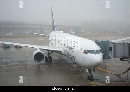 14.12.2021, Schweiz, , Zürich - Eine Boeing 767-300 Passagiermaschine von United Airlines in Star Alliance Sonderlivery ist auf einem Standplatz geparkt Stockfoto