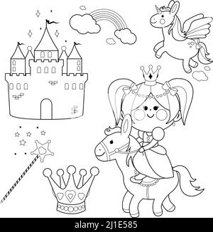 Niedliche Prinzessin Märchen-Kollektion. Vektor schwarz-weiß Malseite Stock Vektor
