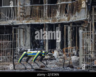 22.02.2022, Deutschland, Nordrhein-Westfalen, Essen - Großbrand in der Essener Weststadt. Wegen der Gefahr des Zusammenbruchs, die Ruinen des Feuers in der Stockfoto