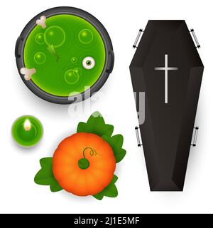 Gruselige Designelemente für Halloween. Grüner Trank im Topf, brennende Duftkerze, Sarg, Kürbis. Kann für Themen wie Festival, Grusel, Horror verwendet werden Stock Vektor