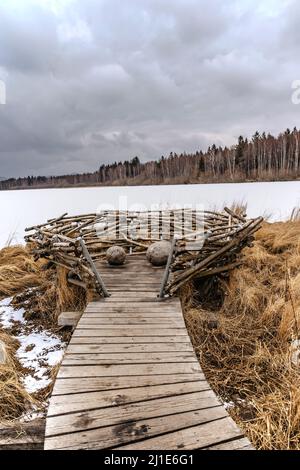 Lehrpfad Olsina nicht weit von Cesky Krumlov und Lipno Wasserreservoir, Tschechische Republik.Feuchtgebiet, Sümpfe, Moore und Auenwälder durchquert Stockfoto