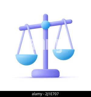 Waagen der Gerechtigkeit. Balance und Gerechtigkeit, Rechtskonzept. 3D Vektorsymbol. Minimalistischer Cartoon-Stil. Stock Vektor