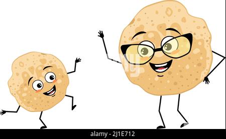 Pancake Großmutter mit Brille und Enkel tanzenden Charakter mit fröhlichen Emotionen, freudiges Gesicht, lächeln Augen, Arme und Beine. Vektorgrafik flach Stock Vektor