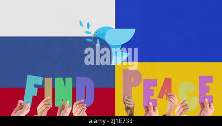 Taube mit Olivenzweig, der über die Hände fliegt und den Friedenstext über die ukrainische Flagge hält Stockfoto