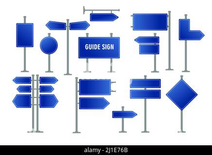 Blaue Straßenschilder gesetzt. Leere Tafeln, blaue Wegweiser, Führer. Stadtkonzept. Vektorgrafiken können für Themen wie Straße, Richtung, Verkehr verwendet werden Stock Vektor