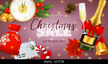 Christmas Sale Schriftzug mit Champagner-Flasche und Uhr. Weihnachten Verkauf Werbung Design. Handgeschriebener und getippte Text, Kalligraphie. Für Flugblätter, br Stock Vektor