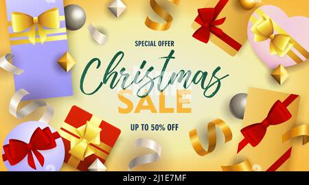 Christmas Sale Schriftzug mit Geschenkschachteln. Weihnachten Verkauf Werbung Design. Handgeschriebener und getippte Text, Kalligraphie. Für Broschüren, Broschüren, invitat Stock Vektor