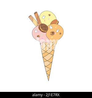 Eiskonus mit Choco-Chip-Cookies, Waffelrollen und Marschwalbe. Vektorgrafik im Doodle-Stil. Stock Vektor
