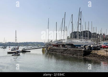 Die Yachten liegen in Marina am Wasser am Fluss Tamar in Saltash Stockfoto