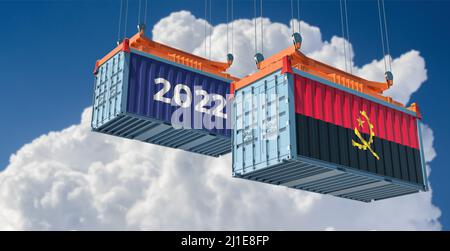 Handel 2022. Frachtcontainer mit Angola-Nationalflagge. 3D Rendering Stockfoto