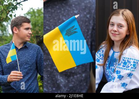 Ukraine-Banner. Ukrainischer Teenager und junger Mann. Betet für die Ukraine. Betet für den Frieden. Alles gute für das Kind, das den Unabhängigkeitstag feiert. Sieg im Krieg. Hoffnung concep Stockfoto