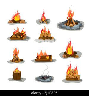 Bonfire Vektor Illustrationen Set. Brennendes Lagerfeuer Brennholz Design Elemente Sammlung. Isolierte flache Vektorgrafik auf weißem Hintergrund. Stock Vektor