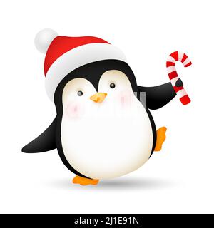 Fröhliche Baby Pinguin tanzen mit Zuckerrohr. Niedlichen Charakter in Santa Hut feiern Weihnachten. Weihnachtskonzept. Realistische Vektordarstellung für Wint Stock Vektor