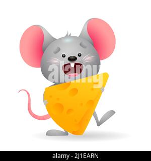 Glückliche kleine Maus essen Käse. Symbol des Jahres, Cartoon Tier, Lebensmittel. Neujahrskonzept. Für Grußkarten kann eine realistische Vektordarstellung verwendet werden Stock Vektor