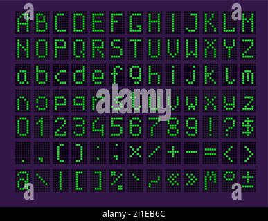 LED-Panel mit Alphabet und Zahlen. Anzeigetafel, Anzeige, Schriftart, Anzeigetafel. Text- oder Nachrichtenkonzept. Vektorgrafiken für Themen wie elektronische Schilder. Stock Vektor