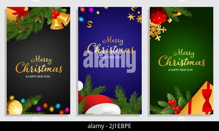 Set von Frohe Weihnachten und Happy New Year Design mit Tannenzweigen, Holly Beeren und Glühbirnen Lichter auf Hintergrund in verschiedenen Farben. Briefe können Stock Vektor