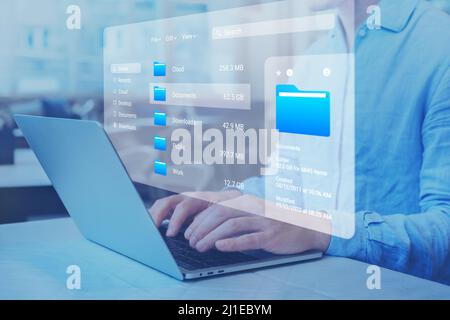 Dokumentenmanagementsystem (DMS) und Dateimanager zum Durchsuchen von Ordnern auf dem Computer. Durchsuchen von Verzeichnissen auf der Festplatte. Geschäftsdaten und -Prozesse. Stockfoto