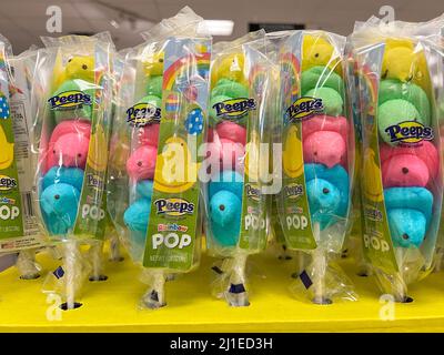 Orlando, FL, USA, 10. Februar 2022: Die Peeps-Süssküken und osterbonbons eines Kohl's Stores warten darauf, dass die Kunden nach den Kindern einkaufen können Stockfoto