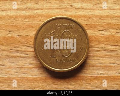Währung von Schweden, zehn Kronen-Münze umgekehrt Stockfoto
