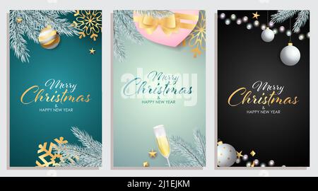 Set von Frohe Weihnachten und Frohe Neujahr Banner mit Tannenzweigen, Champagner und Geschenke auf Hintergrund in verschiedenen Farben. Schriftzüge können verwendet werden f Stock Vektor