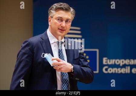 25. März 2022: 25. 2022. März. Belgien Brüssel. Der kroatische Premierminister Andrej Plenkovic beim Gipfeltreffen der Staats- und Regierungschefs der Europäischen Union, während der russischen Invasion in der Ukraine. Foto: JP Black ****SLOWAKEI, POLEN OUT* (Bildnachweis: © JP Black/ZUMA Press Wire) Stockfoto