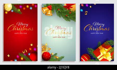 Set von Frohe Weihnachten und Happy New Year Banner mit Girlande, Jingle Glocken und Geschenke auf Hintergrund in verschiedenen Farben. Schriftzüge können für verwendet werden Stock Vektor