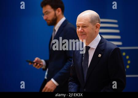 25. März 2022: 25. 2022. März. Belgien Brüssel. Bundeskanzler Olaf Scholz auf dem Gipfel der Staats- und Regierungschefs der Europäischen Union, inmitten der russischen Invasion der Ukraine. Foto: JP Black ****SLOWAKEI, POLEN OUT* (Bildnachweis: © JP Black/ZUMA Press Wire) Stockfoto