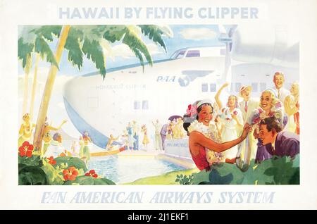 Vintage Reise-Poster - Hawaii von Flying Clipper - Pan American Airways System. 1938. Stockfoto