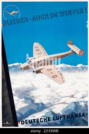 Vintage-Reiseplakat - anonymer Künstler. DEUTSCHE LUFTHANSA, FLIEGEN-AUCH IM WINTER! Lithographie in Farben, 1937. Anonymer Künstler. Stockfoto