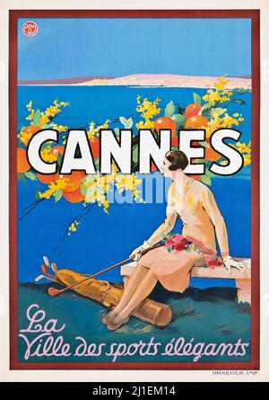 Vintage travel Poster - Sem (Georges Goursat, 1863-1934) CANNES - La Ville des Sports elegants. (Die Stadt des eleganten Sports). Eine Golfspielerin. Stockfoto