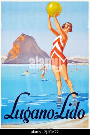 Vintage Reiseposter - Lugano-Lido. Sonnenbaden, Strand. Anonymer Künstler. 1930s Poster. Stockfoto