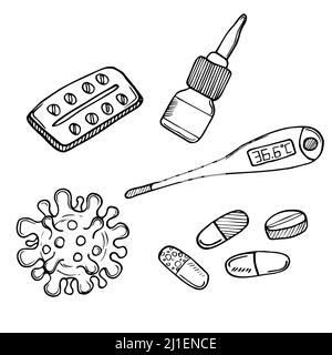 Sammlung von Grippekritzeln. Elemente wie Medizin, Thermometer, Viren usw. sind enthalten. Handgezeichnete Vektor-Doodle-Illustrationen Stock Vektor