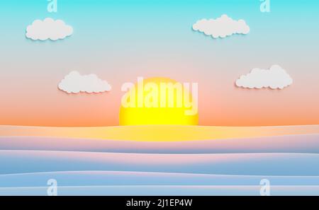 Sommer Studio Hintergrund mit künstlichem Meer und Sonnenuntergang. Sommer-Konzept. 3D Rendern Stockfoto