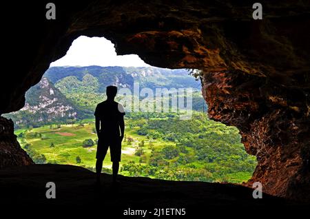 Abenteuerliche Touristen, die durch eine Höhle blicken, die sich durch eine grüne Landschaft öffnet. Window Cave (Cueva Ventana) in der Nähe von San Juan Puerto Rico, USA. Stockfoto
