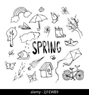 Handgezeichneter Spring Doodle Set Hintergrund mit schwarzem Schriftzug. Vektor einfache Kritzeleien, Frühling und Sommer Konzept Stock Vektor