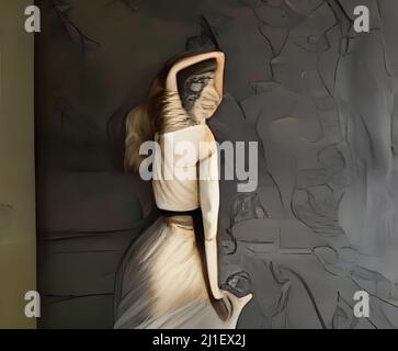 Surrealistische digitale abstrakte Kunst. Surreale Szene, die eine Frau auf einer grauen Wand darstellt. Stockfoto