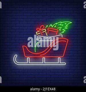 Weihnachtsgeschenke in Schlitten Neon-Zeichen. Tasche, Sack, Tannenbaum. Vektor-Illustration in Neon-Stil für Themen wie Weihnachten, Neujahr, Geschenke geben Stock Vektor