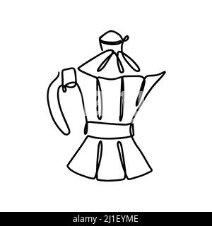Moka Topf in durchgehender 1-line-Stil. Kaffeemaschine im einzeiligen Stil für Coffee Shop Poster Wand, Kontur Linie Kunst Design für T-Shirt Mode prin Stock Vektor