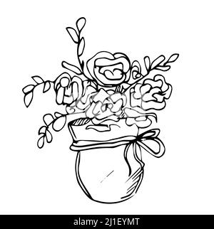 Topf mit Blume. Handgezeichnete schwarze Umrissvektordarstellung im Doodle-Stil, isoliert. Design-Element, Clip Art für die Dekoration, Malvorlagen Stock Vektor