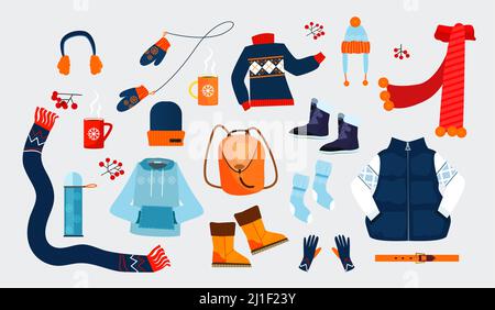 Symbole für Winterbekleidung. Einfache Icons Sammlung auf grauem Hintergrund. Winterkonzept. Pullover, Mantel, Mütze. Illustrationen können für Themen wie den Winter verwendet werden Stock Vektor