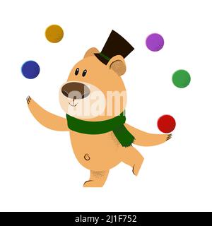 Niedliche Cartoon Bär in Zylinder Hut und grünen Schal jonglieren mit bunten Kugeln. Urlaubskonzept. Vektorgrafik kann für Themen wie celebratio verwendet werden Stock Vektor